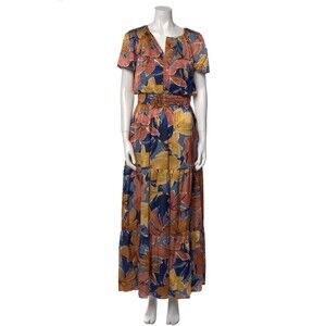 Nicole Miller Blue Floral Satin Maxi Dress Womens M Boho Cottagecore Pockets